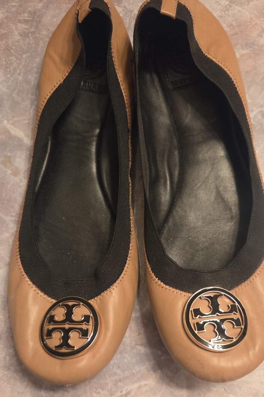 Tory Burch Tan Leather Logo Ballet Flats